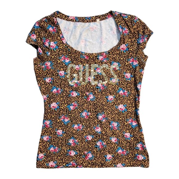 GUESS Short Sleeve Top Women's Size Medium Leopard Floral Print Sequin Gold Logo - Picture 1 of 9